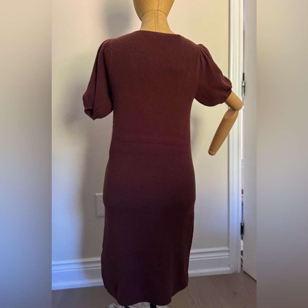 NWT FRENCH CONNECTION Chocolate Ribbed Puff Sleeve Dress (M) - Picture 7 of 11